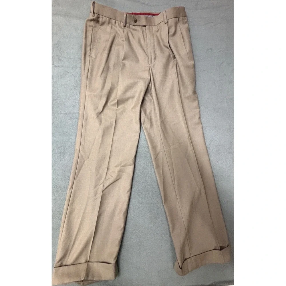 Louis Raphael Rosso Tan Pleated Cuffed Slacks Mens 34x30 Khaki Dress Pants